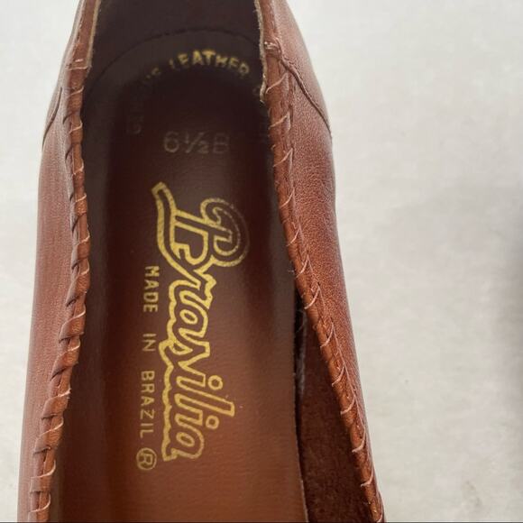 Vintage 70s Boho Leather Wedges Woven Whipstitch Almond Toe Caramel Brown 6.5 - Picture 8 of 13